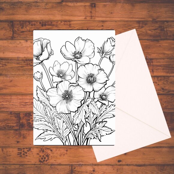 8 Wildflowers A7 Coloring Cards Set: Adult DIY Coloring Kit with Envelopes - Picture 2 of 9